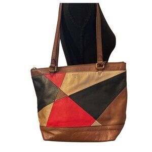 Fossil brown Patchwork Shoulder Bag Tote with Wrist Bag